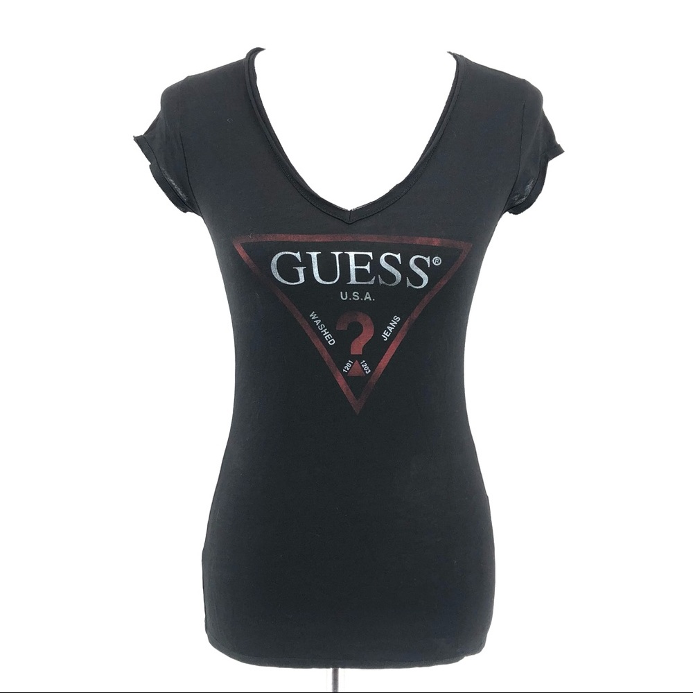 Guess Logo Black V-Neck Short Sleeve Tee, NWT - Picture 1 of 8